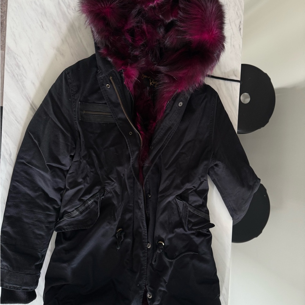 Elegant Black Pea Coat with Fur lining and Trim